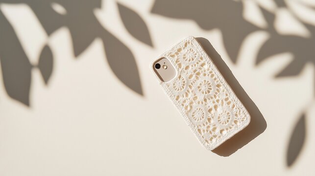 Minimal product shot of a smartphone with white crochet lace accessory