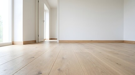 Naklejka premium Modern Empty Room with Light Oak Hardwood Floors and White Walls