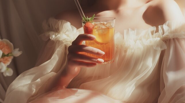 Woman holding peach iced tea, delicate pastel colors, soft light