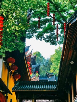 Faxi Temple, Hangzhou, China, the distinctive East Asian architecture of an ancient temple.