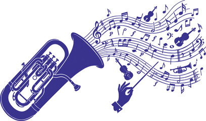 Tuba vector illustration with conductor hand guiding musical notes, creative orchestra background concept for classical music festival, brass instrument graphic design, melody © Sajib