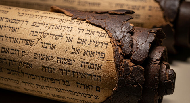 Ancient Hebrew Scrolls Unfurled, Close-up on Aged Parchment and Text