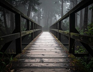 Obraz premium Wooden Bridge Covered in Dense Morning Fog in Forest