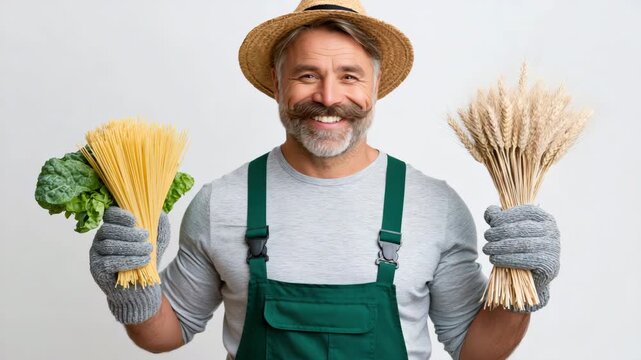 Panning shot of man holding bundles of spaghetti and stalks of wheat while smiling in studio with neutral background