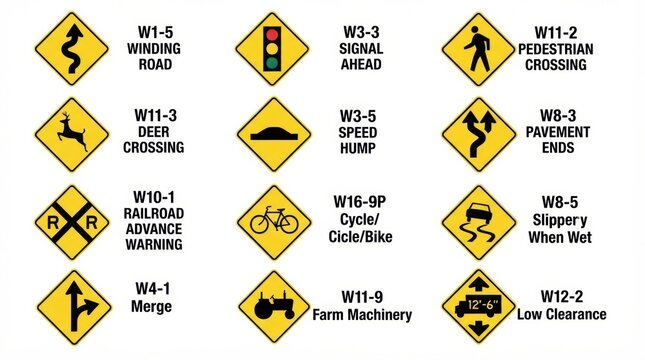 Different warning signs are displayed that provide important information to drivers about road conditions and safety.