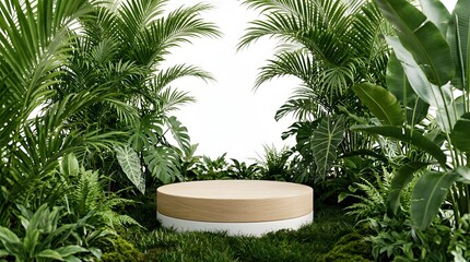Fototapeta premium Minimalist Wooden Podium in Lush Tropical Garden with Green Palm and Monstera Leaves on White Background for Product Presentation
