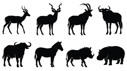 Obraz premium Set of eight black silhouettes of african wild animals, including antelope, wildebeest, buffalo, zebra, warthog, and hippopotamus, isolated on a white background, for wildlife projects
