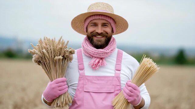 Static shot of bearded man in pink overalls holding bundles of wheat and smiling in rural wheat field on overcast day