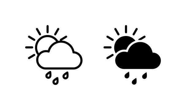 Weather forecast icons of sun and rain cloud, black outline and solid vector symbols for meteorology apps