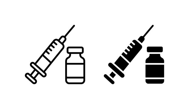 Medical syringe and vaccine vial icons, hypodermic needle with medicine bottle, black vector line art set