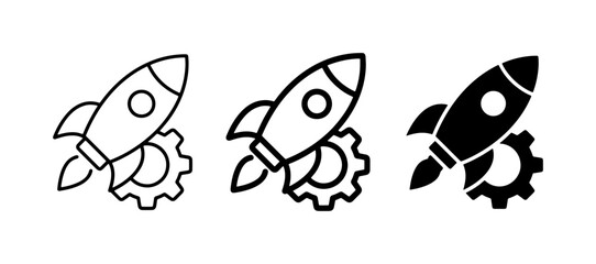 Naklejka premium Rocket launch and gear icons, startup business concept symbols, 3 black and white vector line art illustrations