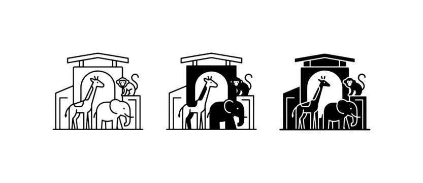 Minimalist zoo icon set, wild animal park symbols with giraffe and elephant, black and white vector illustrations