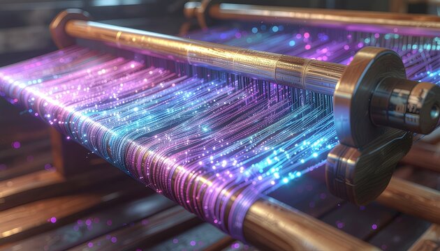 Antique wooden loom weaving glowing fiber optics interrupted by a tangled dark barbed wire, conceptualizing data tangling and ethical AI dilemmas.