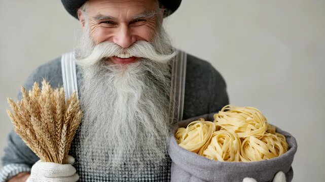 Static closeup portrait of elderly bearded man holding wheat and basket of fresh pasta in studio kitchen