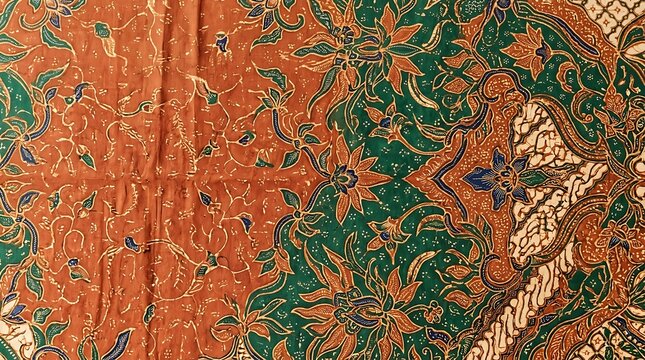 Intricate floral batik fabric pattern in terracotta and emerald green