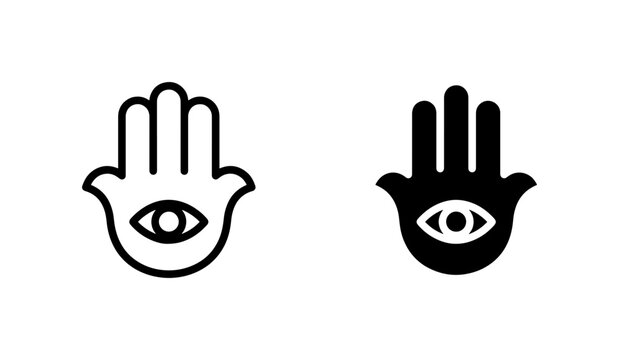 Hamsa hand icon set with evil eye, spiritual protection symbols, black and white mystical vector illustrations