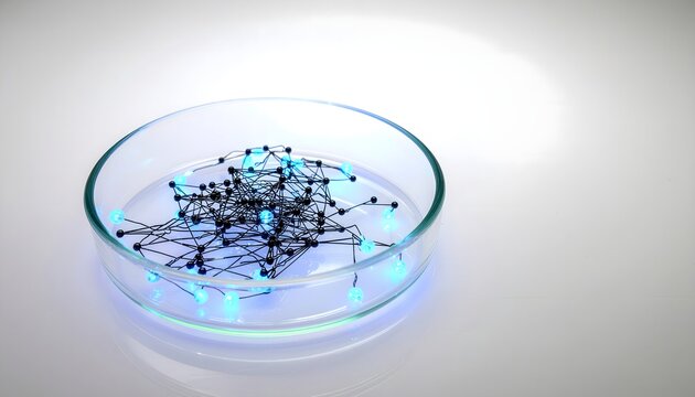 Macro shot of a petri dish containing glowing blue digital nodes being infected by a tangled cluster of dark nodes, representing the spread of AI data bias.