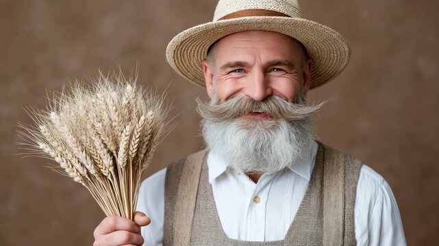 Static close up portrait of elderly bearded farmer holding bundle of wheat against brown studio backdrop