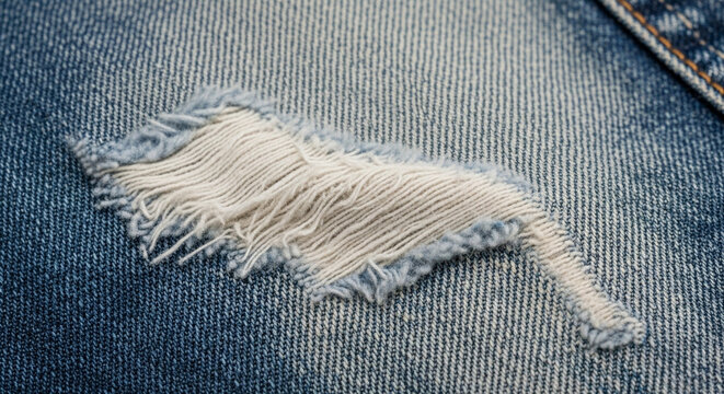 Close-up of distressed denim with a worn hole and frayed threads