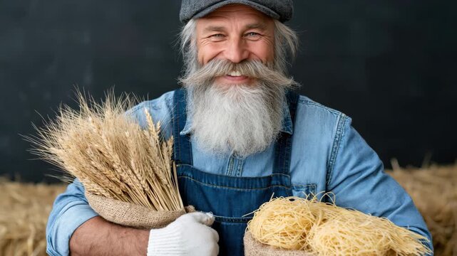 Static shot of bearded elderly farmer holding bundles of wheat and straw inside rustic barn with stacked hay bales