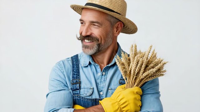 Static shot of farmer holding bundle of wheat turning and smiling in studio with denim overalls and straw hat