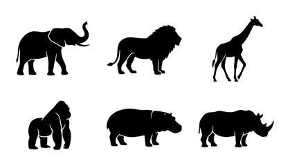 African Safari Wildlife Silhouettes: Elephant, Lion, Giraffe, Gorilla, Hippo, Rhino Icons Set © Bithi