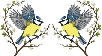 Two, beautiful, blue, tit, birds, flying, on, blooming, spring, cherry, blossom, branches, with, white, flowers, isolated, on, white, background, vector, illustration, art © Sajib