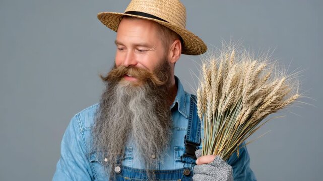 Static shot of bearded farmer holding bundle of wheat and smiling against gray studio backdrop indoors