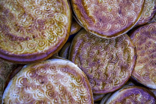 Bread from Samarkand sold at a market in Uzbekistan during the daytime hours