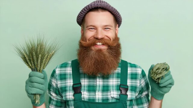 Static shot of bearded gardener transitioning from neutral expression to big smile while holding wheat stalks and an artichoke against mint studio background