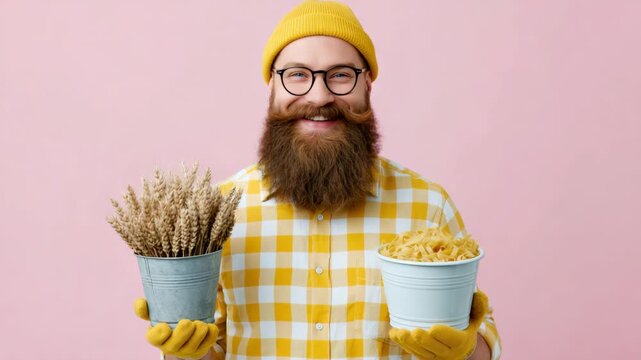 Static shot of bearded man holding buckets of wheat and pasta while smiling against pink studio backdrop