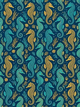 Seamless pattern of ornate seahorses and coral on dark blue background