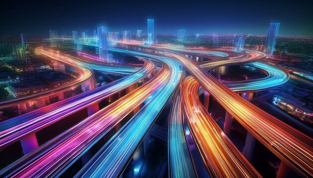complex highway interchange with colorful light trails futuristic design style night urban background concept of modern transport infrastructure ai generative