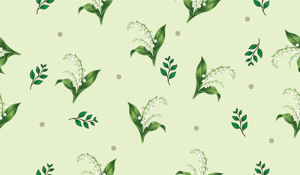 Lily of the Valley Seamless Pattern Background with Elegant Wedding Floral Clipart