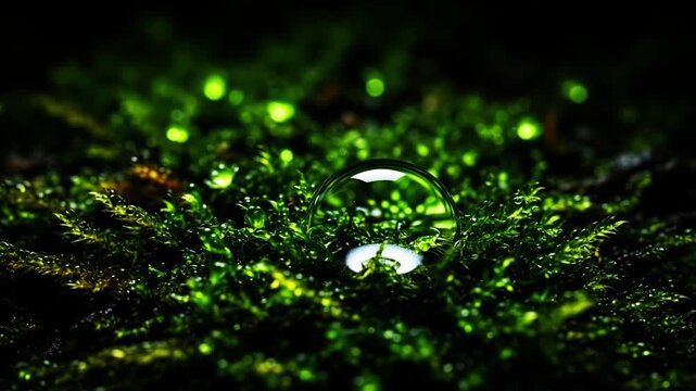 Macro detailed green moss texture with single clear dew drop slowly growing, sharp focus, dark background
