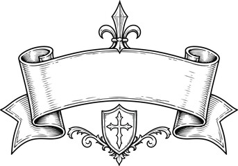 Vintage heraldic crest with ribbon banner and fleur de lis © JUWEL