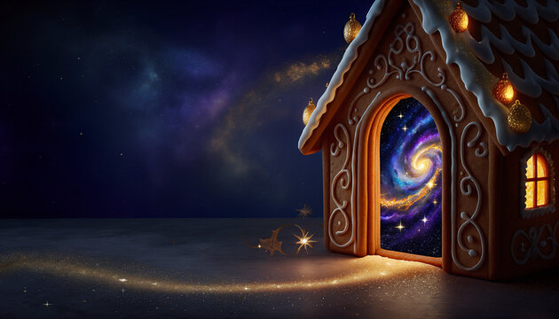 Surrealer weihnachtlicher Hintergrund mit Lebkuchenhaus und leuchtendem Sternenportal