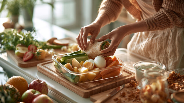 Healthy lunch box with fresh wrap vegetables eggs and fruit prepared for nutritious school or work meal