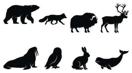 Set of eight black silhouettes of arctic animals including a bear, fox, muskox, reindeer, walrus, owl, rabbit, and whale isolated on a white background, for wildlife projects © NoobCreaTion