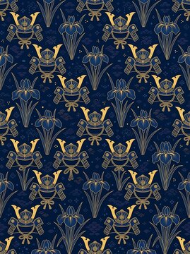 Japanese seamless pattern with gold samurai helmets and iris flowers