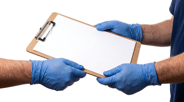 Hands in Blue Gloves Exchanging a Clipboard