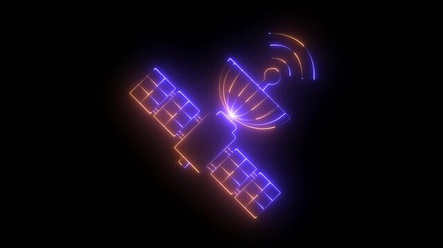 Satellite icon animation glowing neon color network tower internet signal sign symbol on Satellite warning icon animation glowing neon color satellite danger attention 4k video animation.