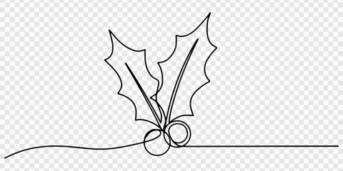 Holly berry leaves Continuous line hand-drawn. Christmas Hollyberry Vector illustration,  vector one line minimal illustration of a bunch of holly berries and leaves, Holly berry leaves Continuous  © Line pro