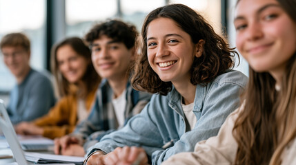 Fototapeta premium Happy Diverse High School Students Smiling Together During Classroom Learning and Education