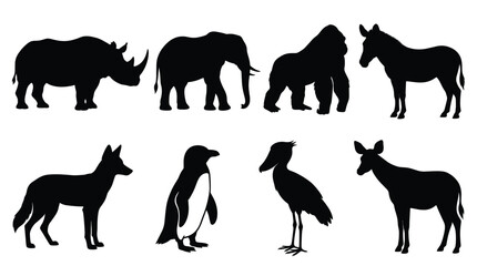 Set of eight black silhouettes of wild animals, including a rhinoceros, elephant, gorilla, zebra, wolf, penguin, shoebill stork, and deer, isolated on a clean white background for © NoobCreaTion