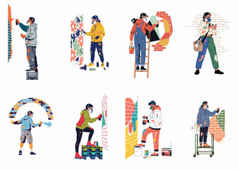 Naklejka premium Collection of illustrations featuring diverse street artists and muralists creating colorful graffiti and urban art on brick walls with spray paint and brushes.