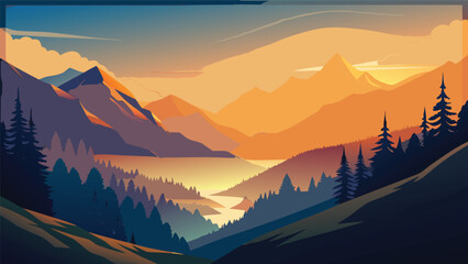 Stylized digital landscape painting of a mountain valley at sunrise with a calm river and pine forest mountain landscape wilderness illustration sunlight outdoors environment adventure © MAX