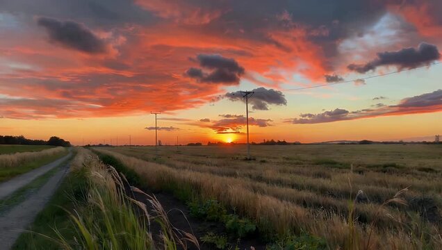 Gorgeous wide angle 4K cinematic capture of a breathtaking evening horizon over flat rural plains featuring intense scarlet and amber clouds that create a highly dramatic romantic mood for travel