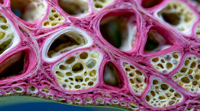 Bamboo culm interior cross-section reveals vascular bundles distributed through parenchyma tissue, each bundle containing xylem vessels and phloem sieve tubes embedded in sclerenchyma fiber sheaths,