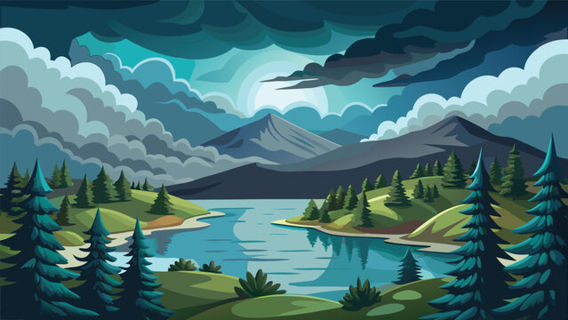 Stylized digital illustration of a serene mountain lake at night under moonlight with mountain moonlight landscape wilderness illustration outdoors environment adventure artistic background